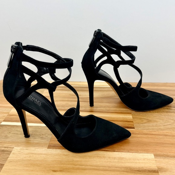 Michael Kors Black Suede Strappy Stiletto Heels Zip Ankle Strap Womens 5.5M - Picture 6 of 8